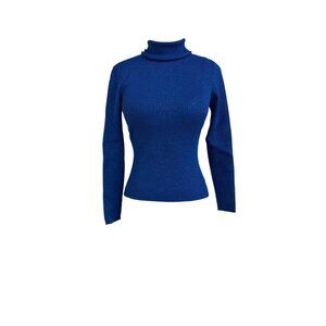 Vintage Y2K Worthington Ribbed Metallic Blue Turtleneck Sweater Top Small Chicos
